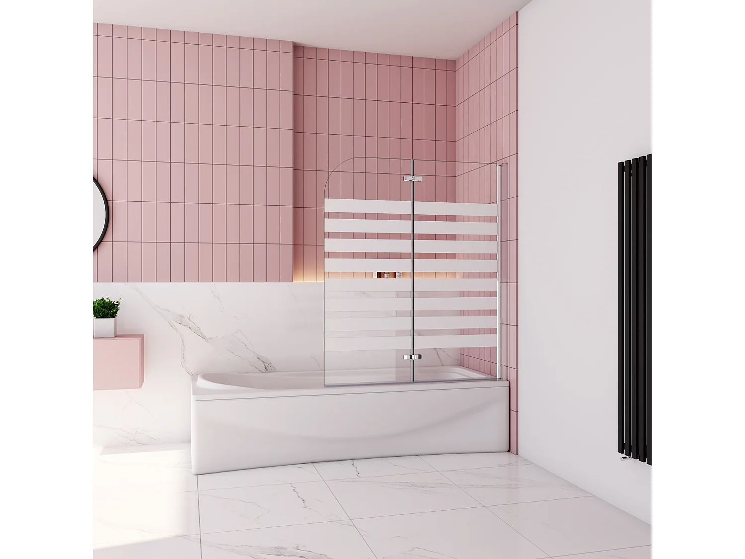 Opvouwbaar badwand 2 panelen vouwbaar 120x140cm,6mm nano helder veiligheidsglas met horizontale strepen - glanzend chroom