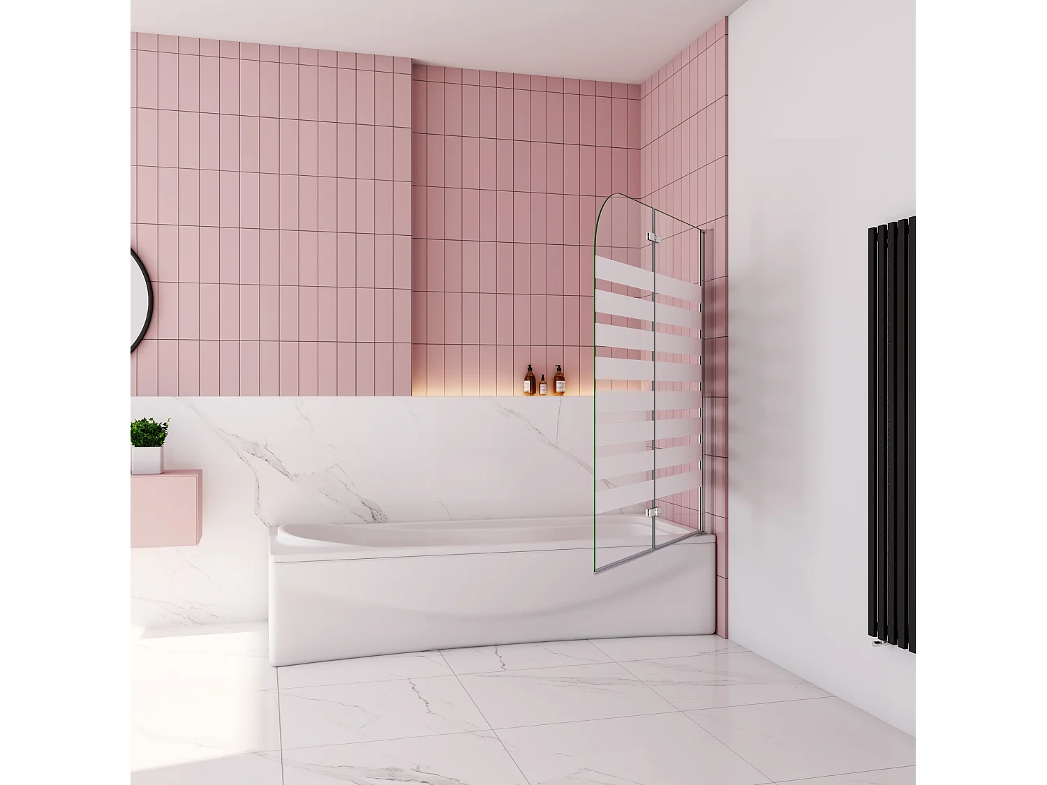 Opvouwbaar badwand 2 panelen vouwbaar 120x140cm,6mm nano helder veiligheidsglas met horizontale strepen - glanzend chroom