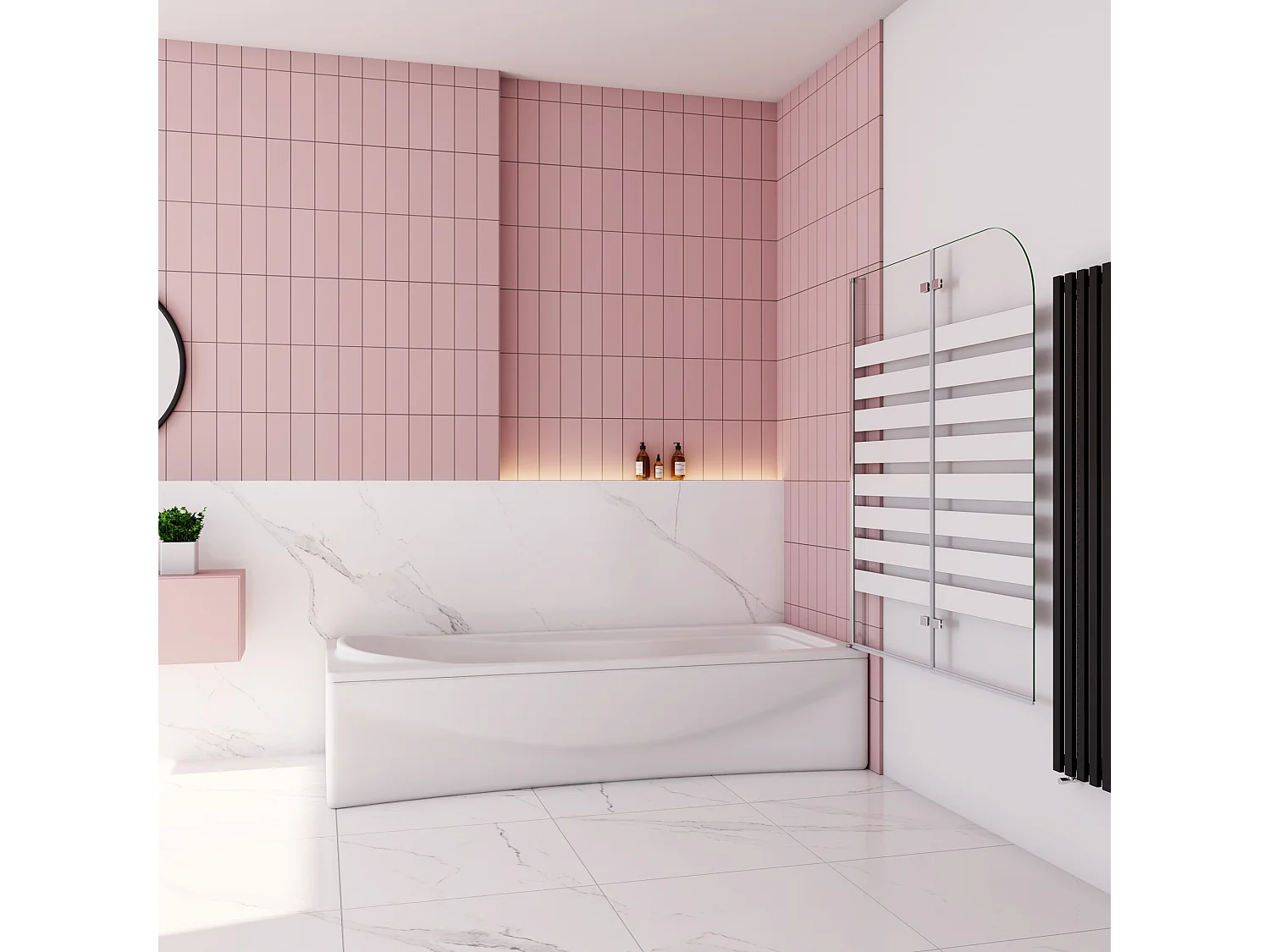 Opvouwbaar badwand 2 panelen vouwbaar 120x140cm,6mm nano helder veiligheidsglas met horizontale strepen - glanzend chroom