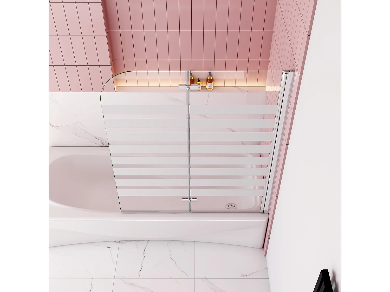 Opvouwbaar badwand 2 panelen vouwbaar 120x140cm,6mm nano helder veiligheidsglas met horizontale strepen - glanzend chroom