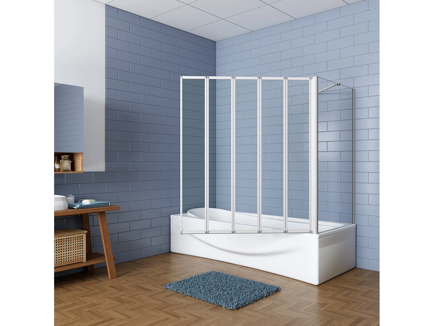 120x70x140cm Badwand 5 panelen vouwbaar met vast zijwand,4mm helder ESG-veiligheidsglas,profiel van mat grijs