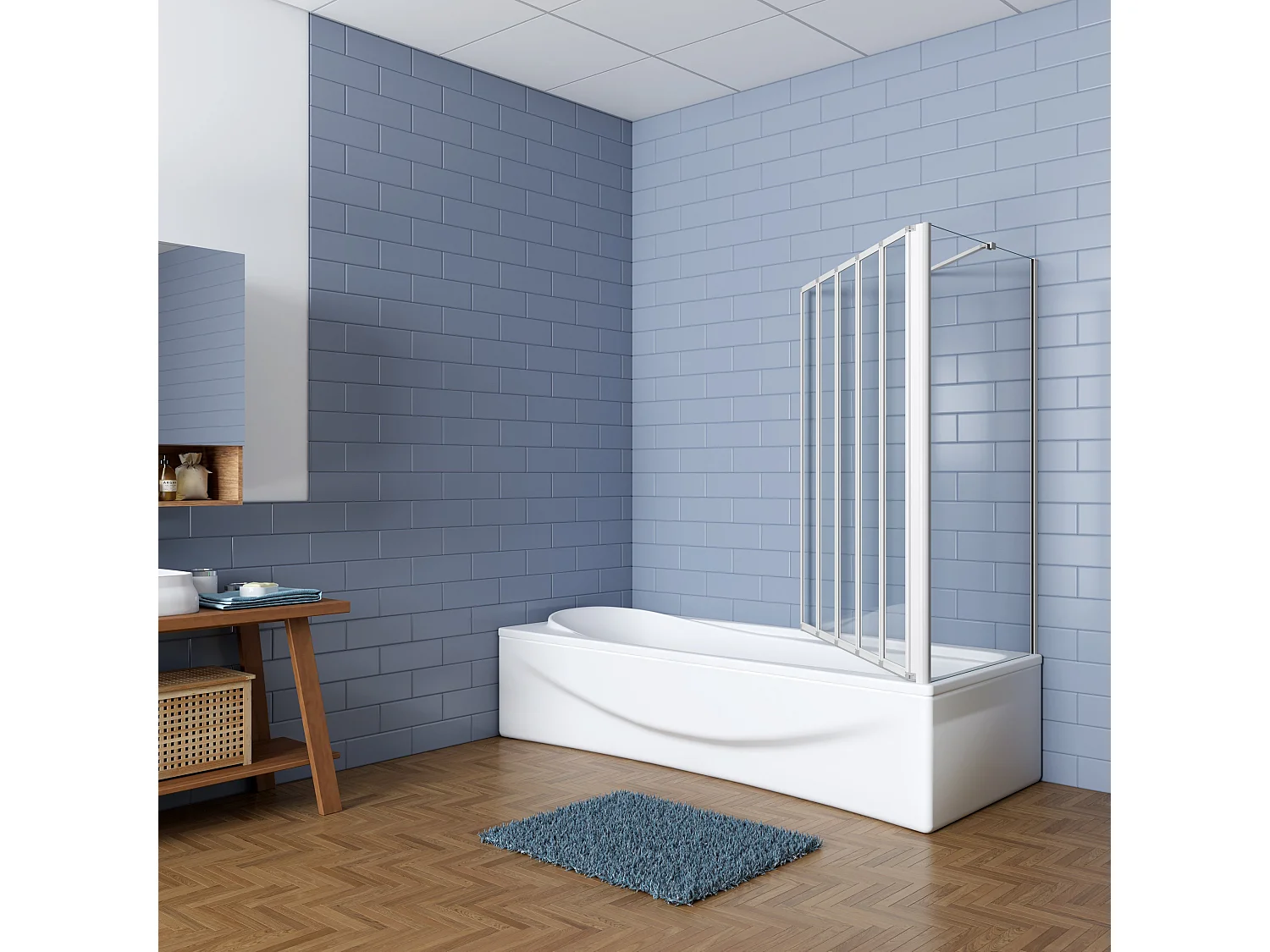 120x70x140cm Badwand 5 panelen vouwbaar met vast zijwand,4mm helder ESG-veiligheidsglas,profiel van mat grijs