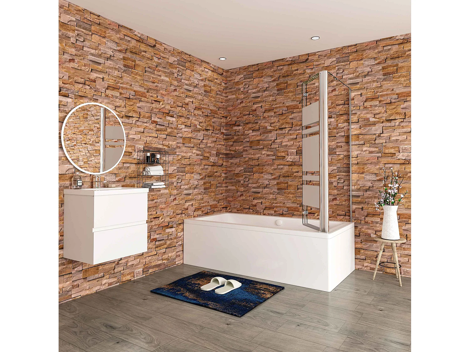 140x60x140cm Badwand 3 panelen vouwbaar met vast zijwand,6 mm nano helder veiligheidsglas met horizontale strepen - glanzend chroom