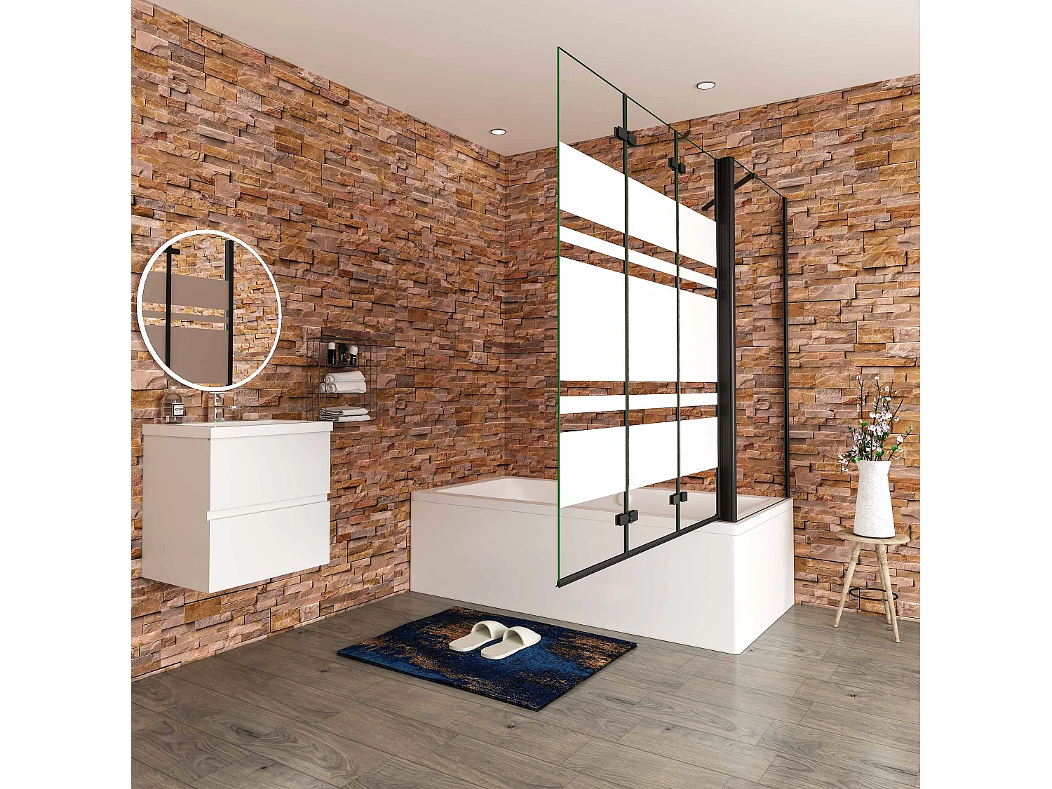 140x70x140cm Badwand 3 panelen vouwbaar met vast zijwand,6 mm nano helder veiligheidsglas met horizontale strepen - mat zwart profiel