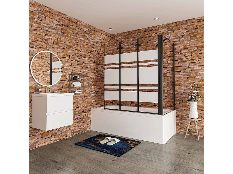 140x70x140cm Badwand 3 panelen vouwbaar met vast zijwand,6 mm nano helder veiligheidsglas met horizontale strepen - mat zwart profiel