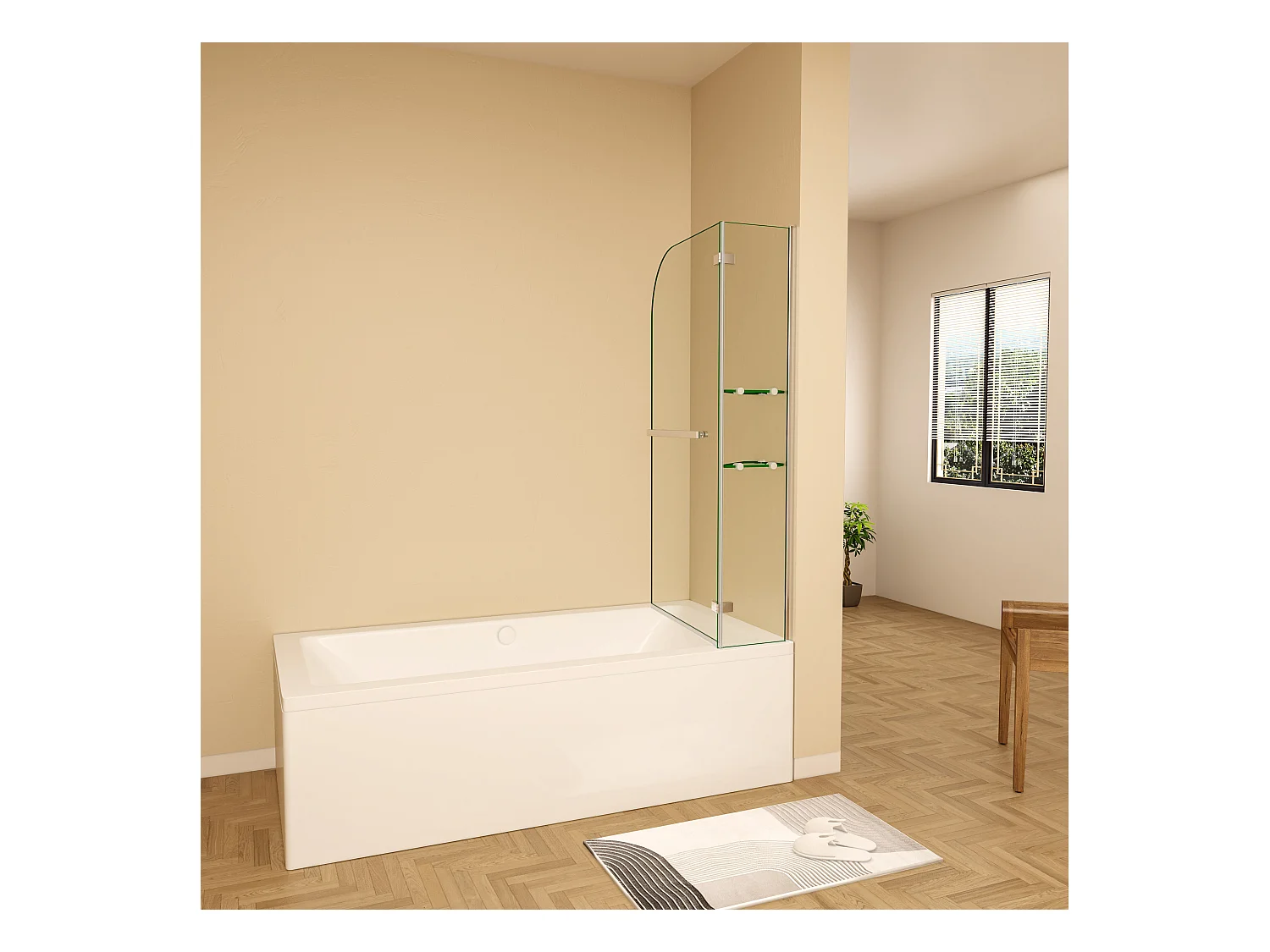 Badscherm badwand draaibaar 120x140cm,6 mm helder ESG-veiligheidsglas,inclusief handdoekenrek en hoekplanken - glanzend chroom