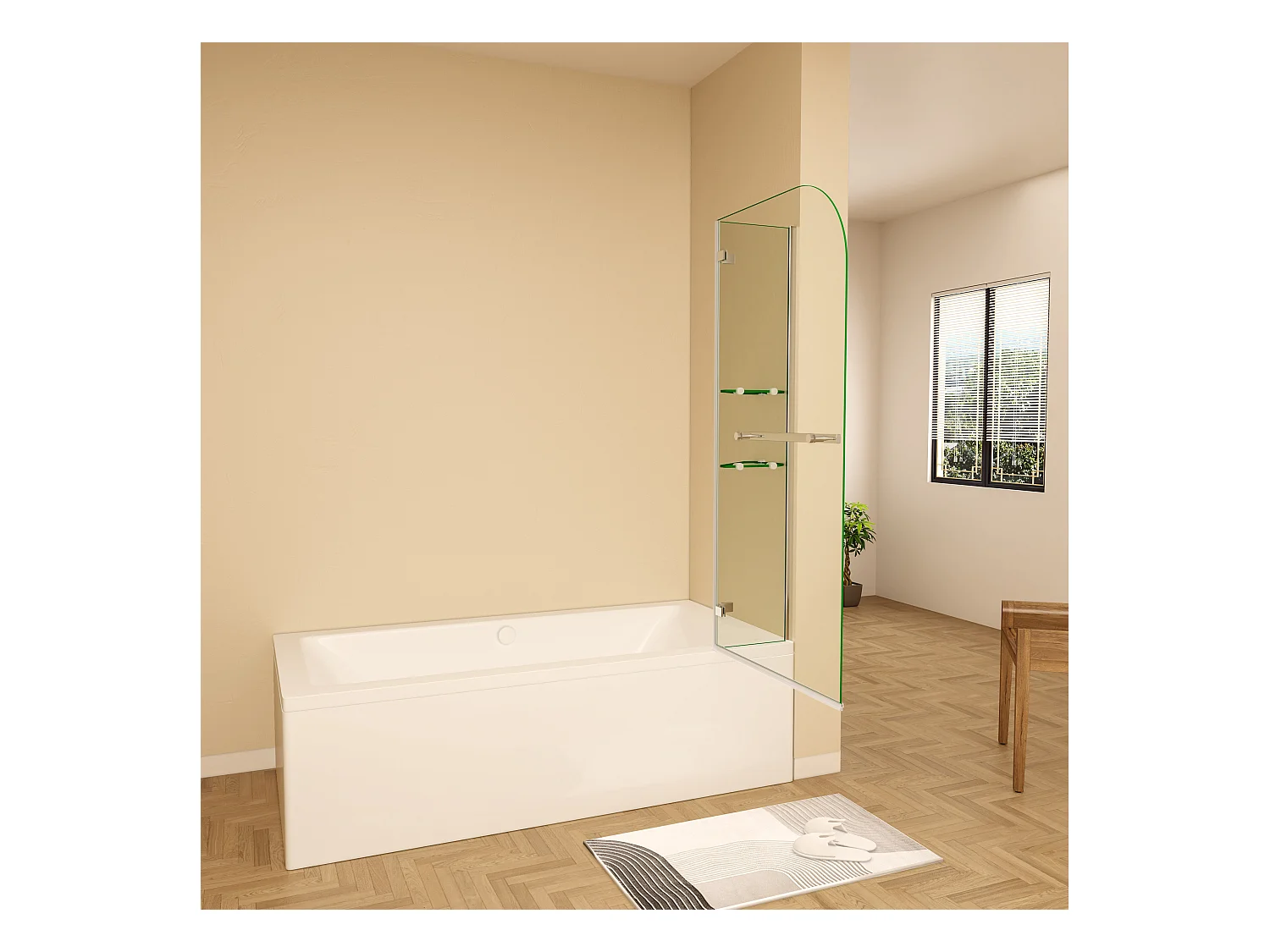 Badscherm badwand draaibaar 120x140cm,6 mm helder ESG-veiligheidsglas,inclusief handdoekenrek en hoekplanken - glanzend chroom