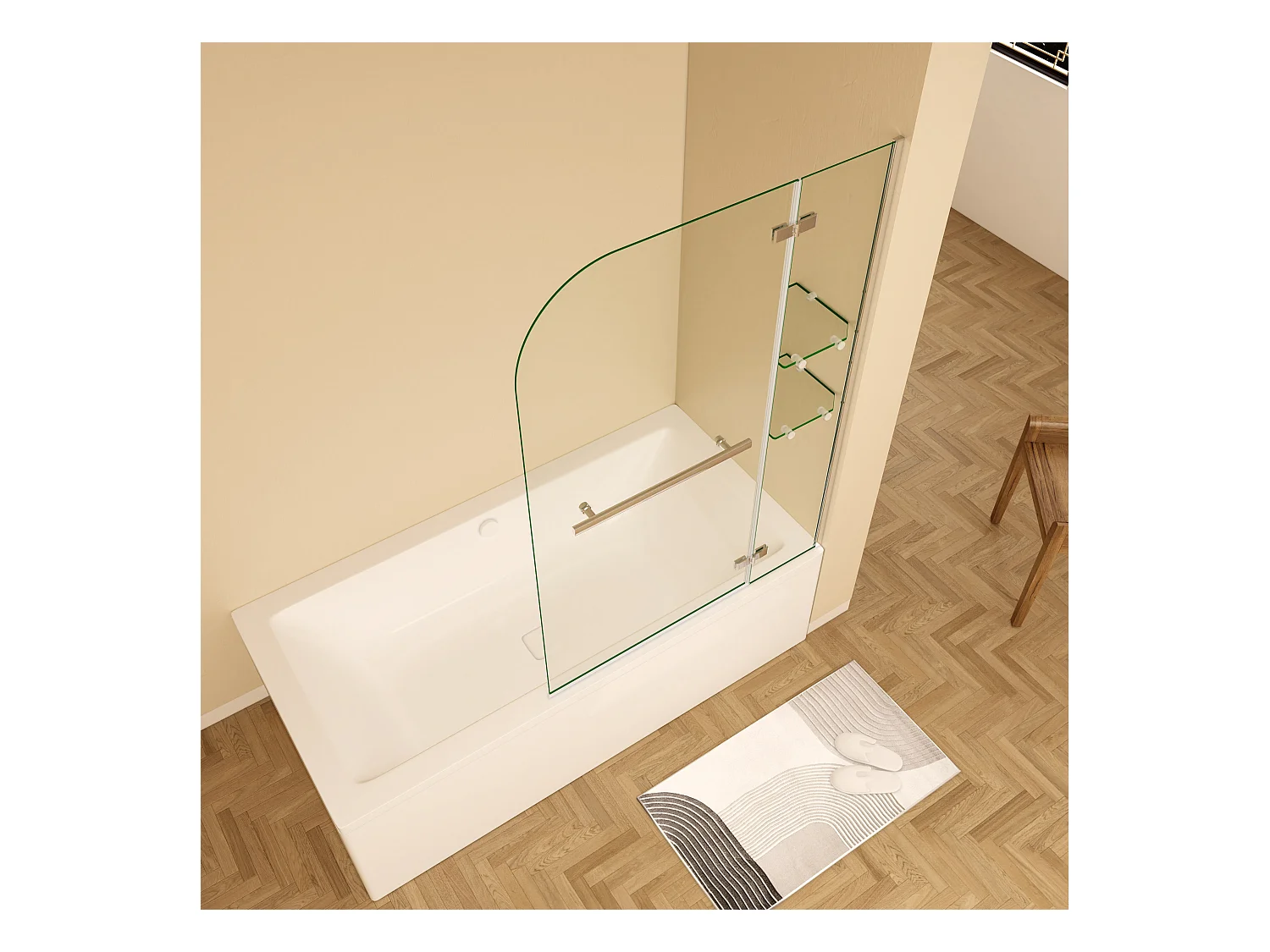 Badscherm badwand draaibaar 120x140cm,6 mm helder ESG-veiligheidsglas,inclusief handdoekenrek en hoekplanken - glanzend chroom