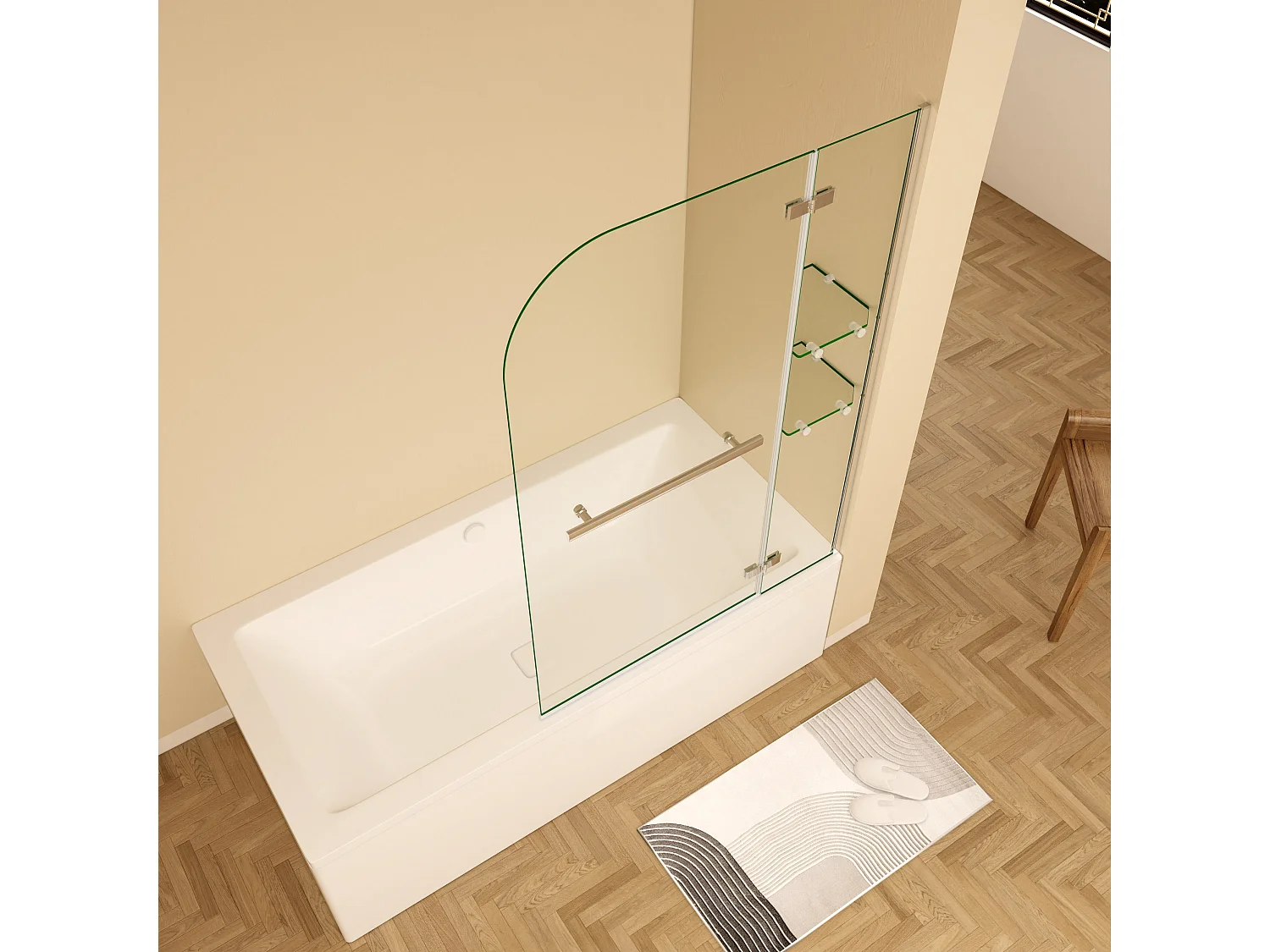 Badscherm badwand draaibaar 120x140cm,6 mm helder ESG-veiligheidsglas,inclusief handdoekenrek en hoekplanken - glanzend chroom