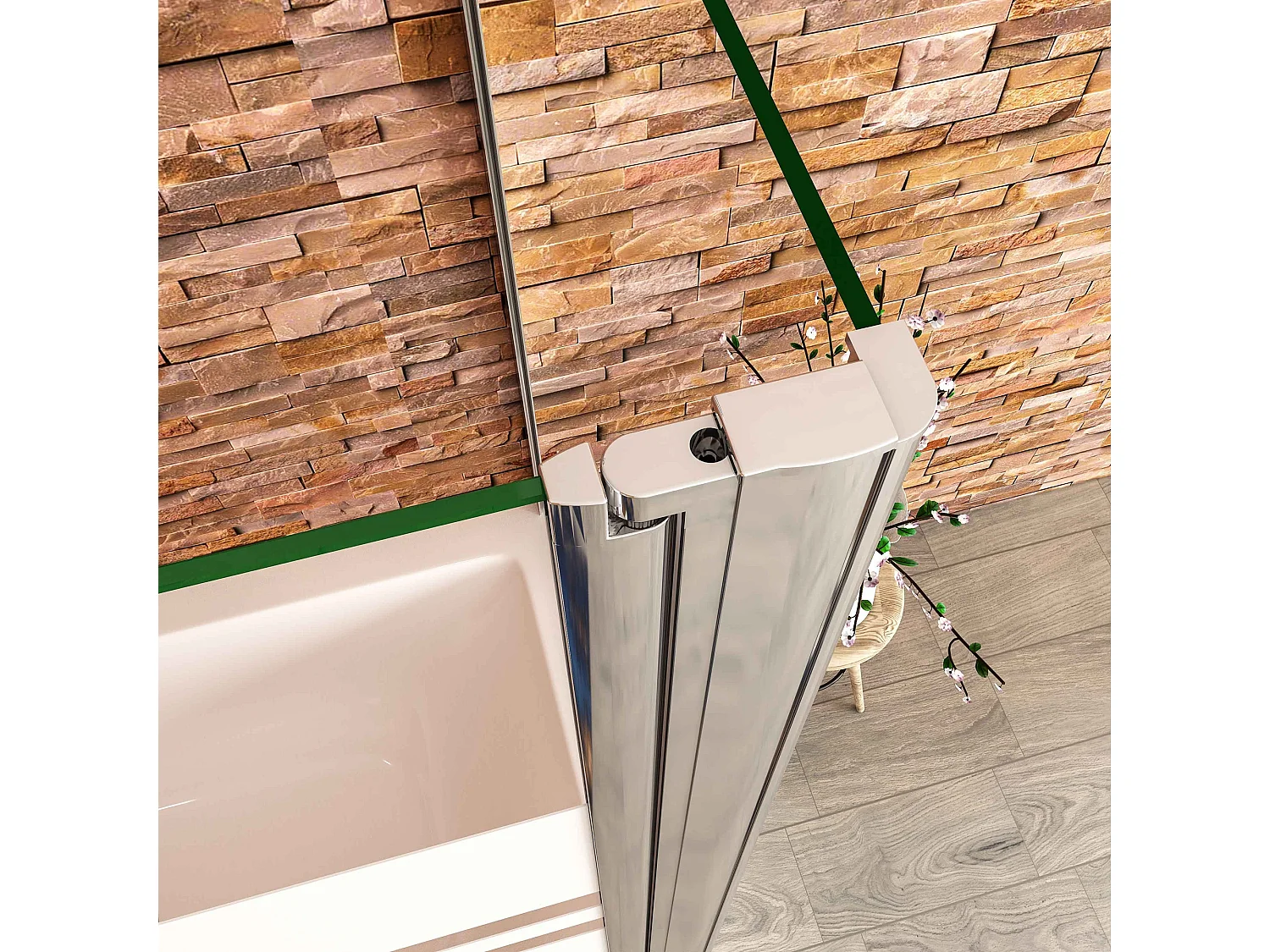 140x70x140cm Badwand 3 panelen vouwbaar met vast zijwand,6 mm nano helder veiligheidsglas met horizontale strepen - glanzend chroom