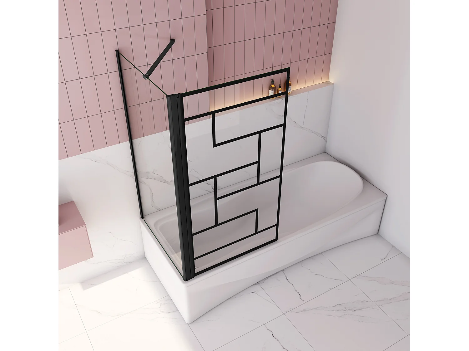 80x75x140cm Badscherm badwand draaibaar met vast zijwand,6 mm nano helder veiligheidsglas - mat zwart profiel