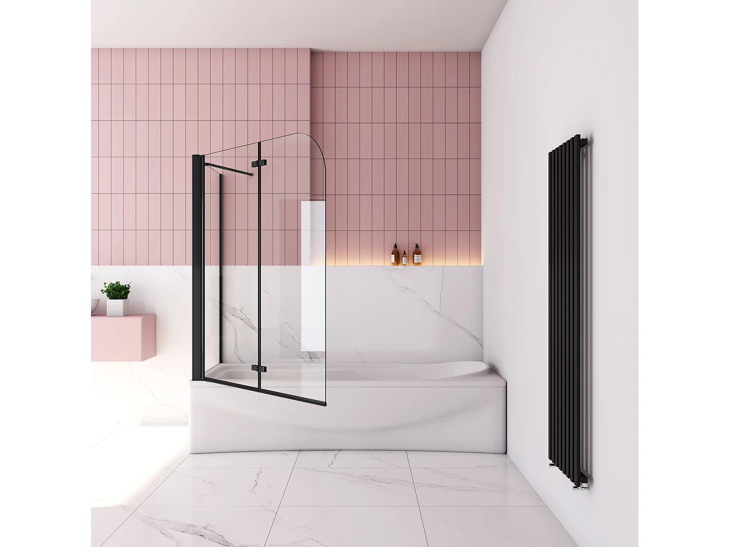 Badwand met 2 delig inklapbaar deur 90x140 cm en een zijwand 70cm ,6 mm helder EasyClean veiligheidsglas，mat zwarte profiel