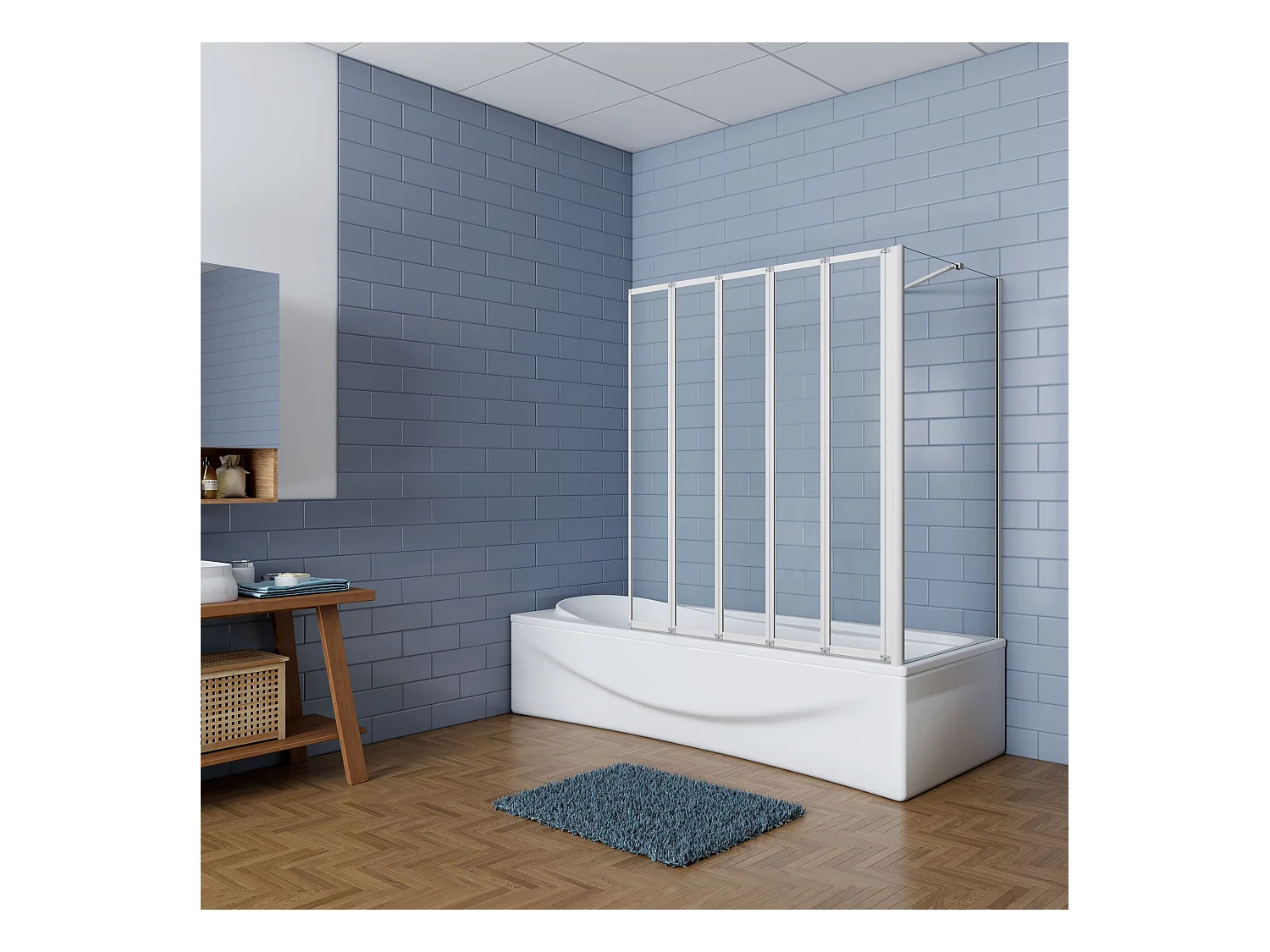 120x75x140cm Badwand 5 panelen vouwbaar met vast zijwand,4mm helder ESG-veiligheidsglas,profiel van mat grijs