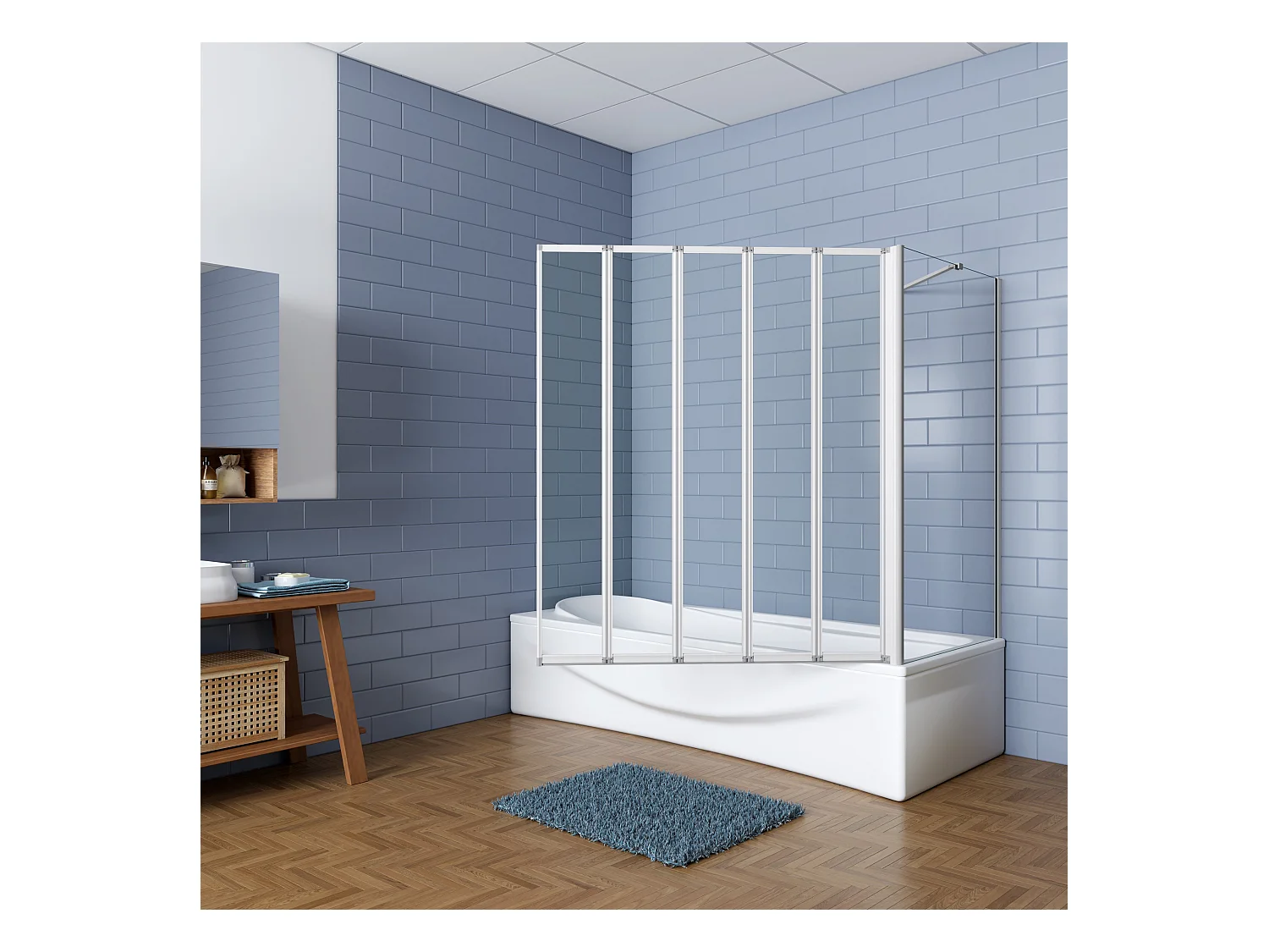 120x75x140cm Badwand 5 panelen vouwbaar met vast zijwand,4mm helder ESG-veiligheidsglas,profiel van mat grijs