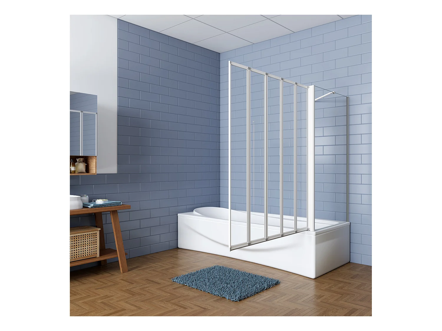 120x75x140cm Badwand 5 panelen vouwbaar met vast zijwand,4mm helder ESG-veiligheidsglas,profiel van mat grijs