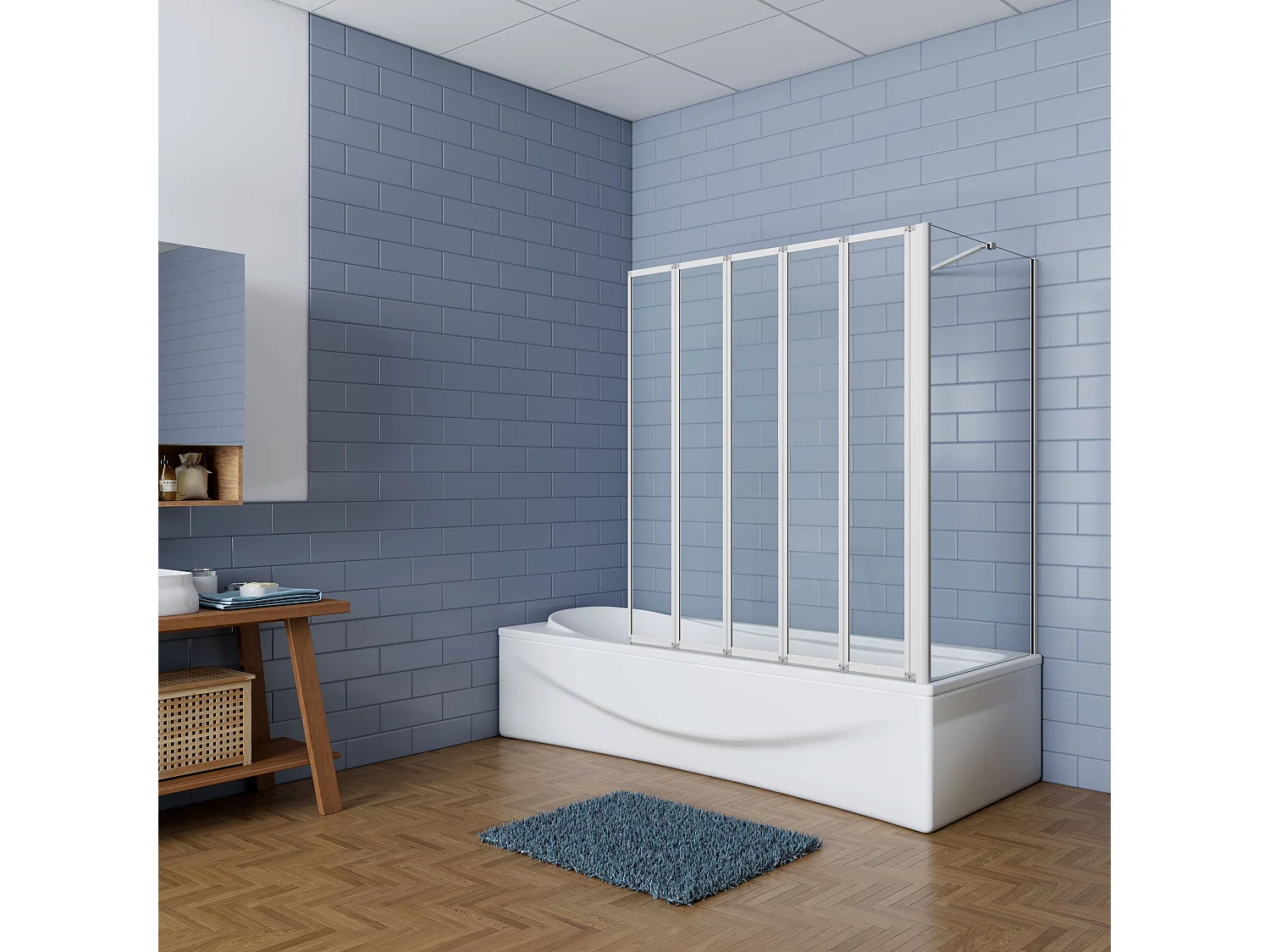 120x75x140cm Badwand 5 panelen vouwbaar met vast zijwand,4mm helder ESG-veiligheidsglas,profiel van mat grijs