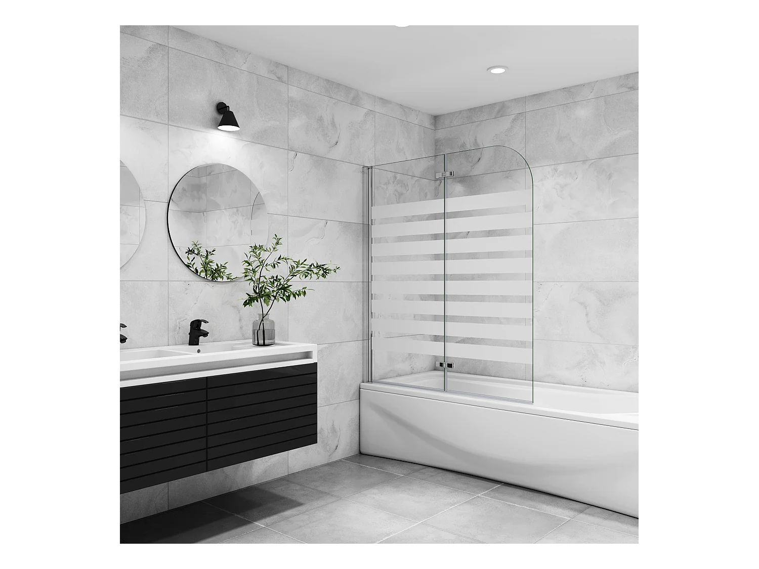Opvouwbaar badwand 2 panelen vouwbaar 120x140cm,6 mm nano helder veiligheidsglas met horizontale strepen - glanzend chroom