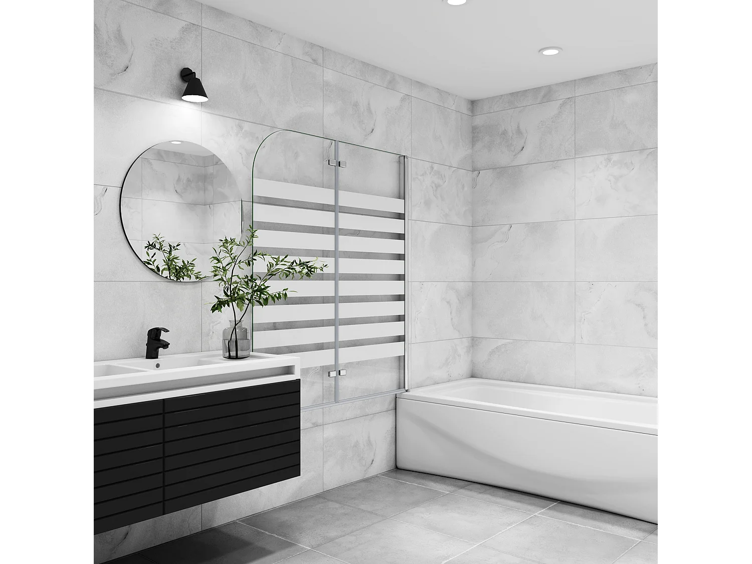 Opvouwbaar badwand 2 panelen vouwbaar 120x140cm,6 mm nano helder veiligheidsglas met horizontale strepen - glanzend chroom