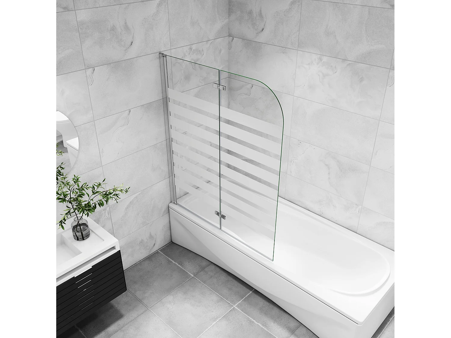 Opvouwbaar badwand 2 panelen vouwbaar 120x140cm,6 mm nano helder veiligheidsglas met horizontale strepen - glanzend chroom