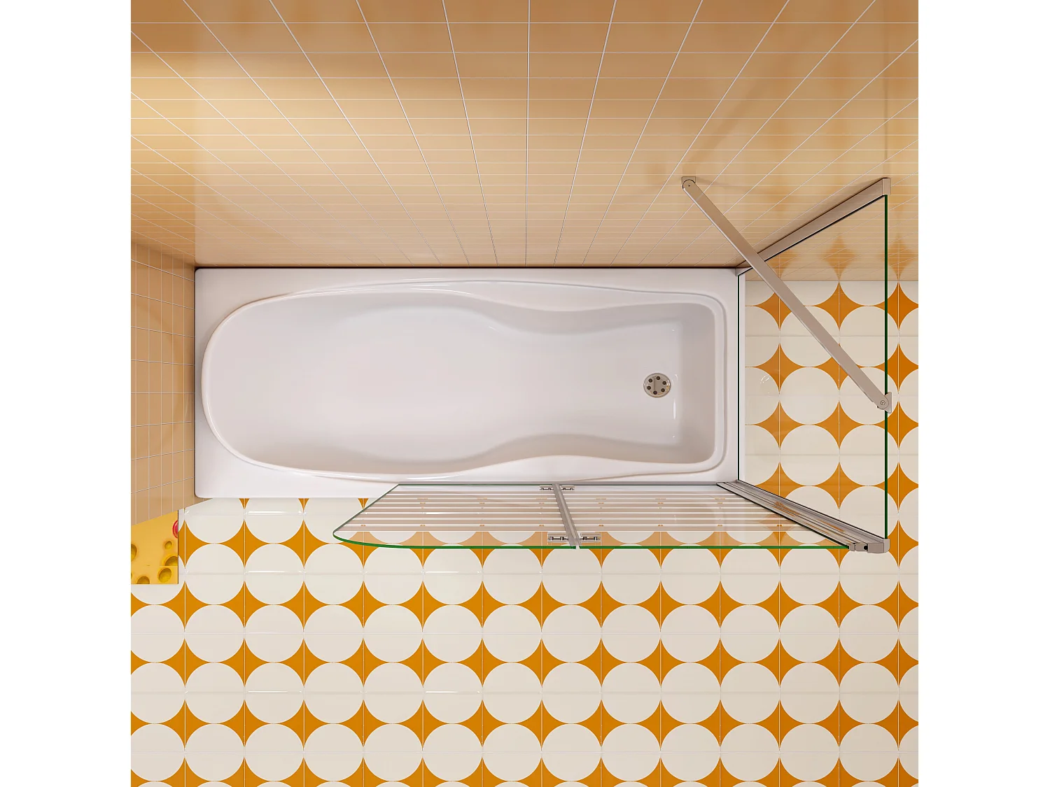 120x70x140cm Badwand 2 panelen vouwbaar met vast zijwand,6 mm nano helder veiligheidsglas met horizontale strepen - glanzend chroom - rechterkant installeren