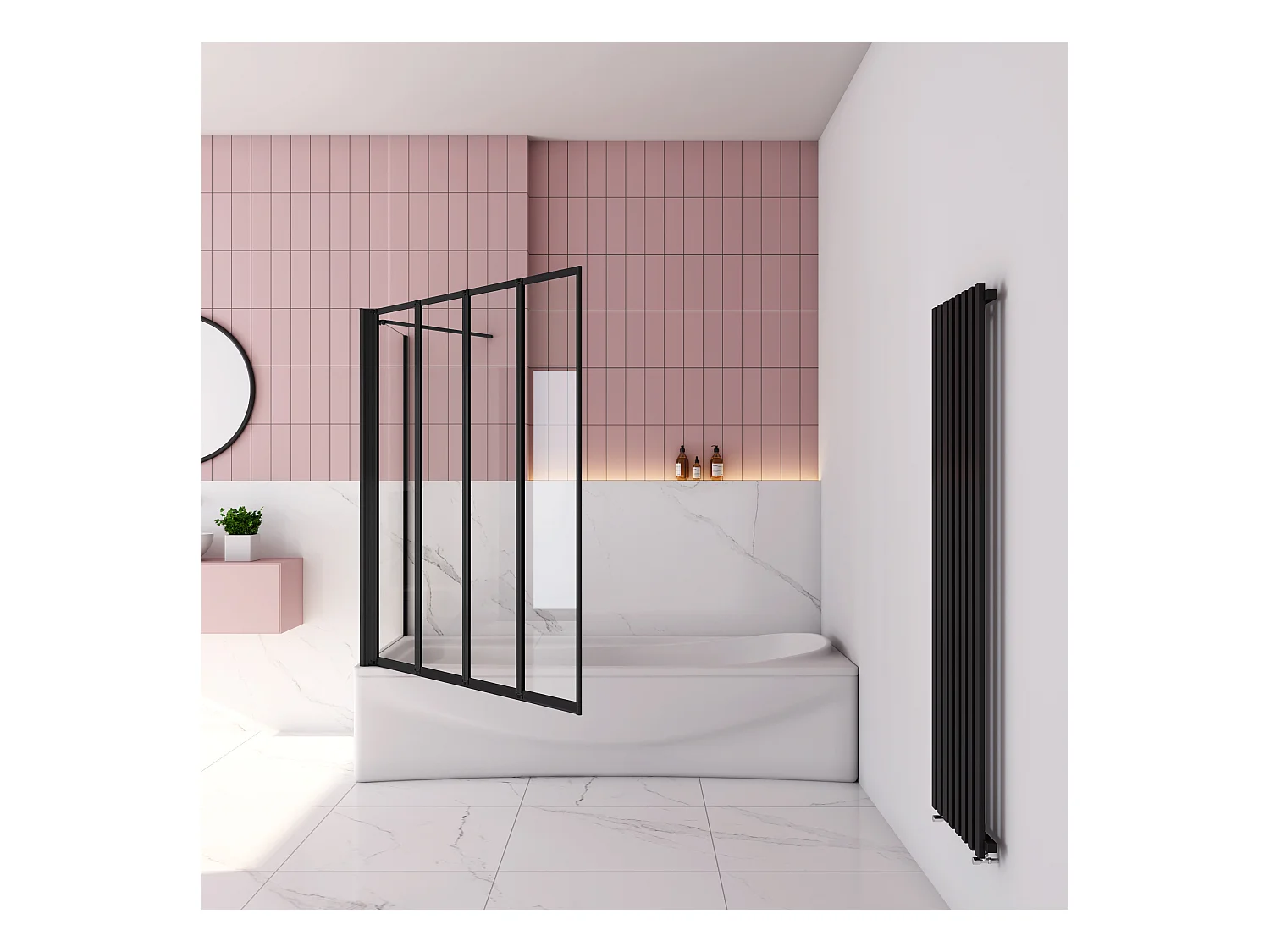 90x80x140cm Badwand 4-delig vouwbaar met vast zijwand,4mm helder ESG-veiligheidsglas - mat zwart profiel