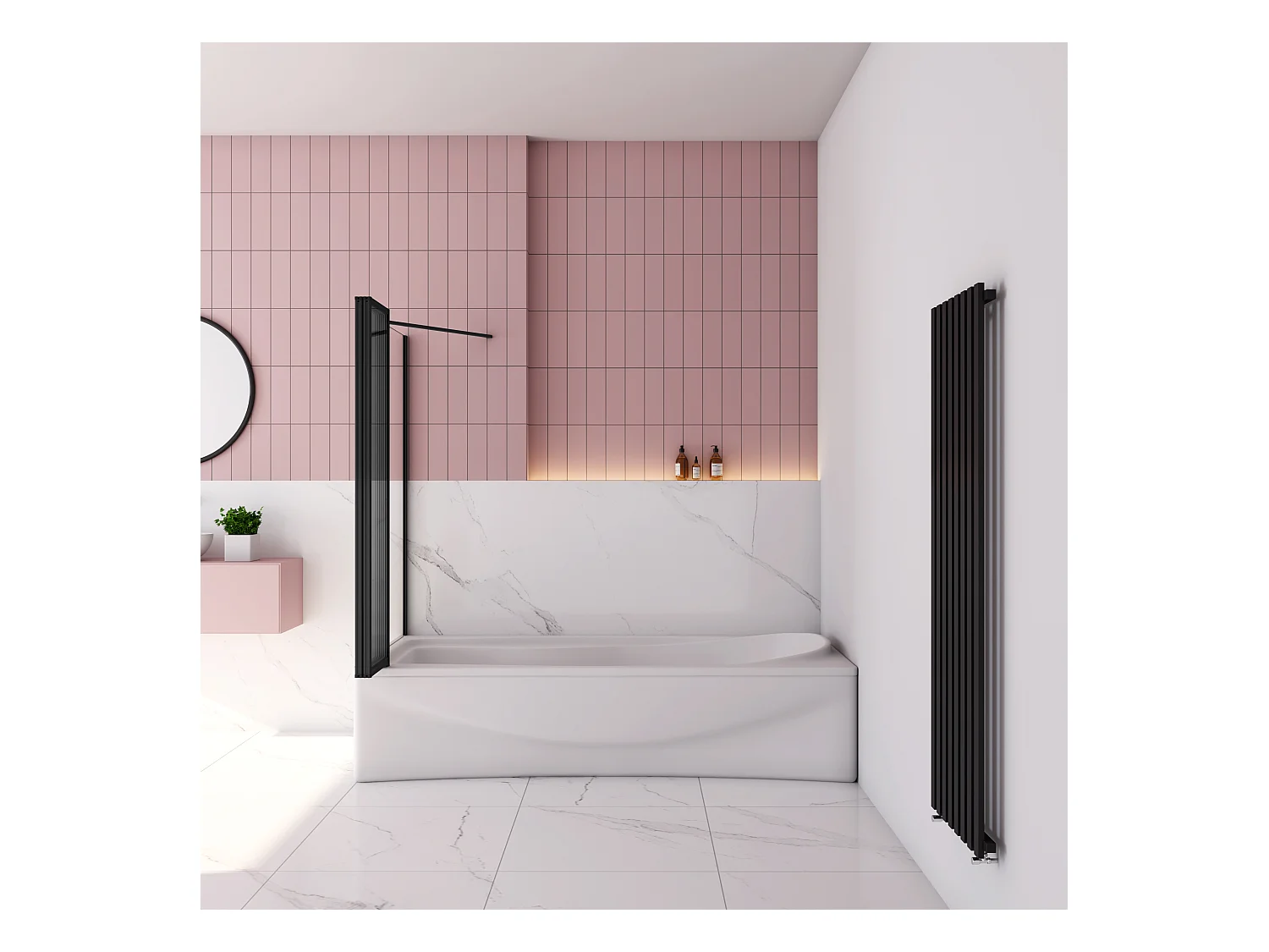 90x80x140cm Badwand 4-delig vouwbaar met vast zijwand,4mm helder ESG-veiligheidsglas - mat zwart profiel