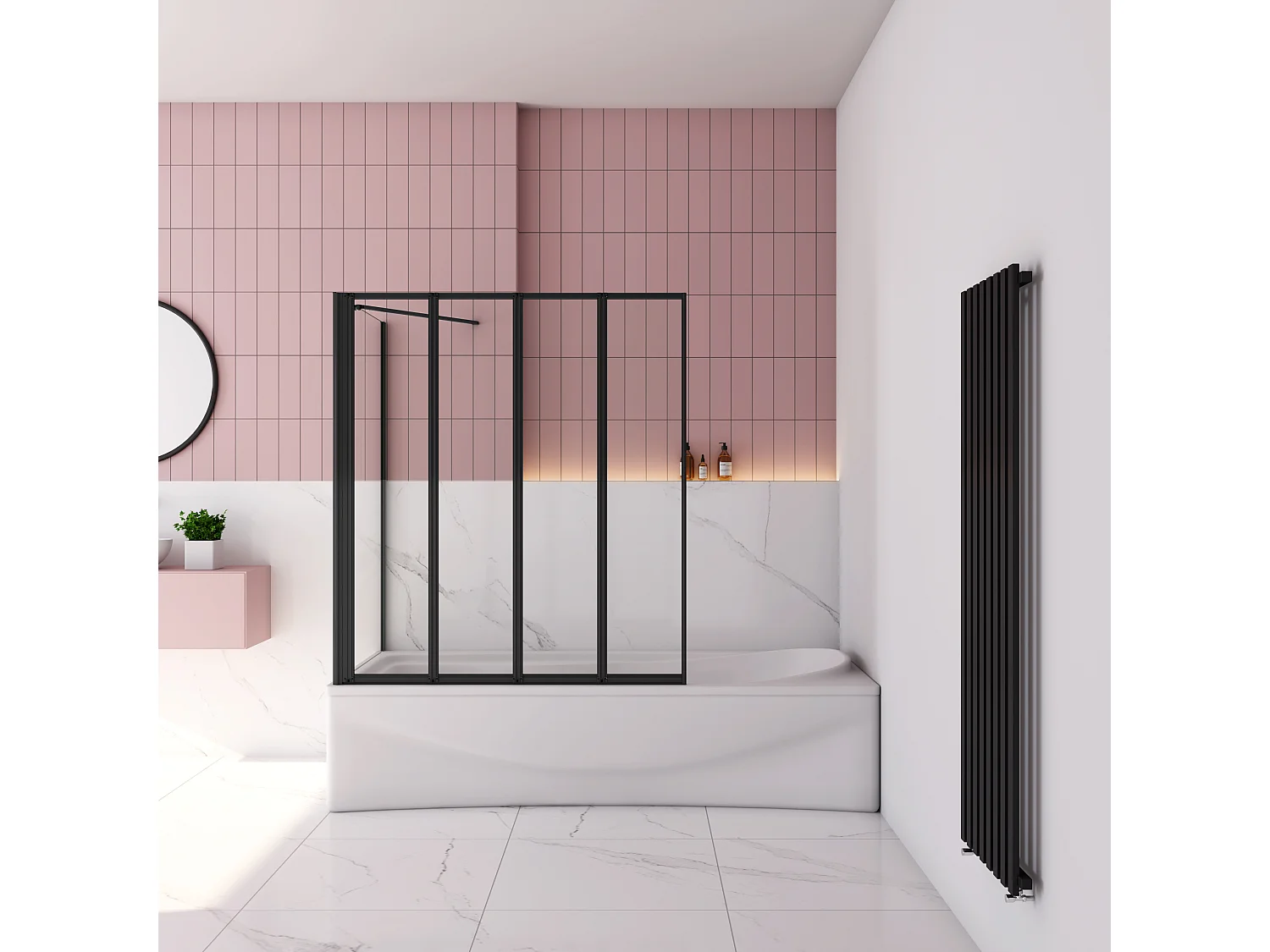 100x80x140cm Badwand 4-delig vouwbaar met vast zijwand,4mm helder ESG-veiligheidsglas - mat zwart profiel