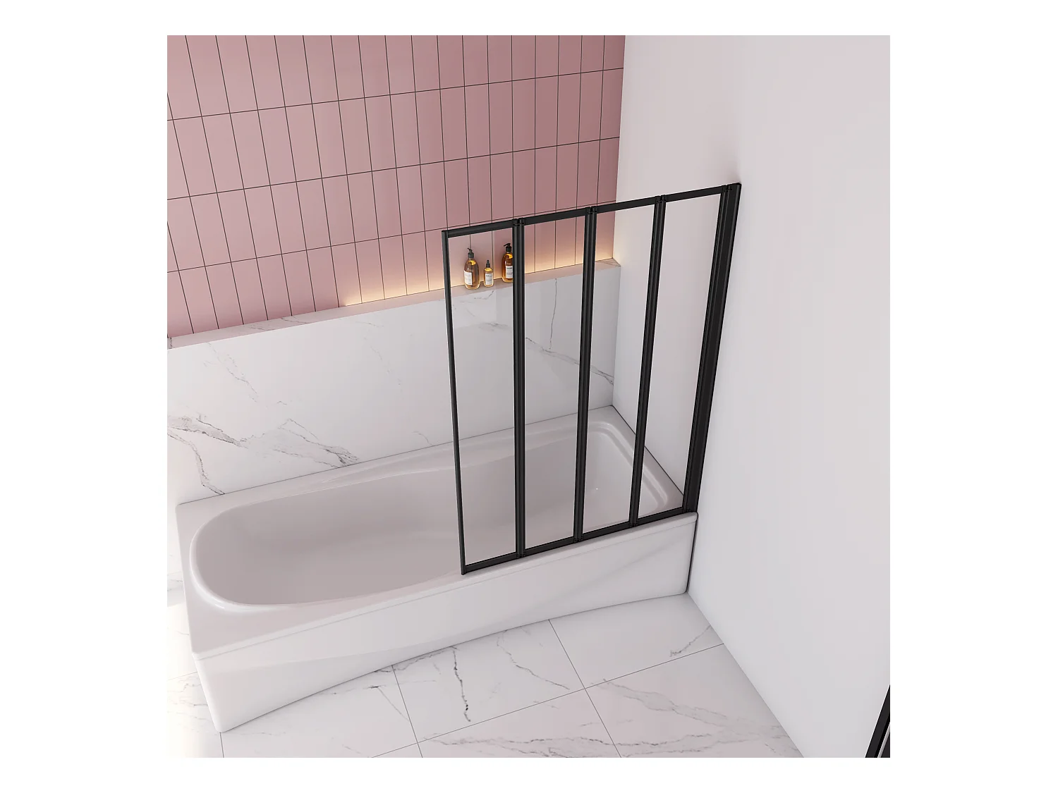 90x140cm Badwand 4-delig vouwbaar,4mm helder ESG-veiligheidsglas - mat zwart profiel