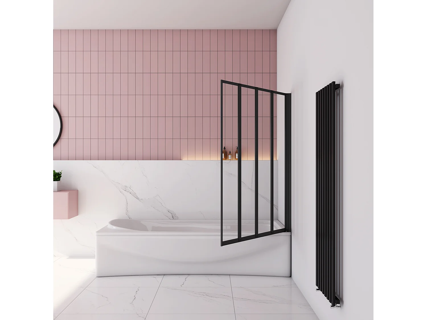 90x140cm Badwand 4-delig vouwbaar,4mm helder ESG-veiligheidsglas - mat zwart profiel