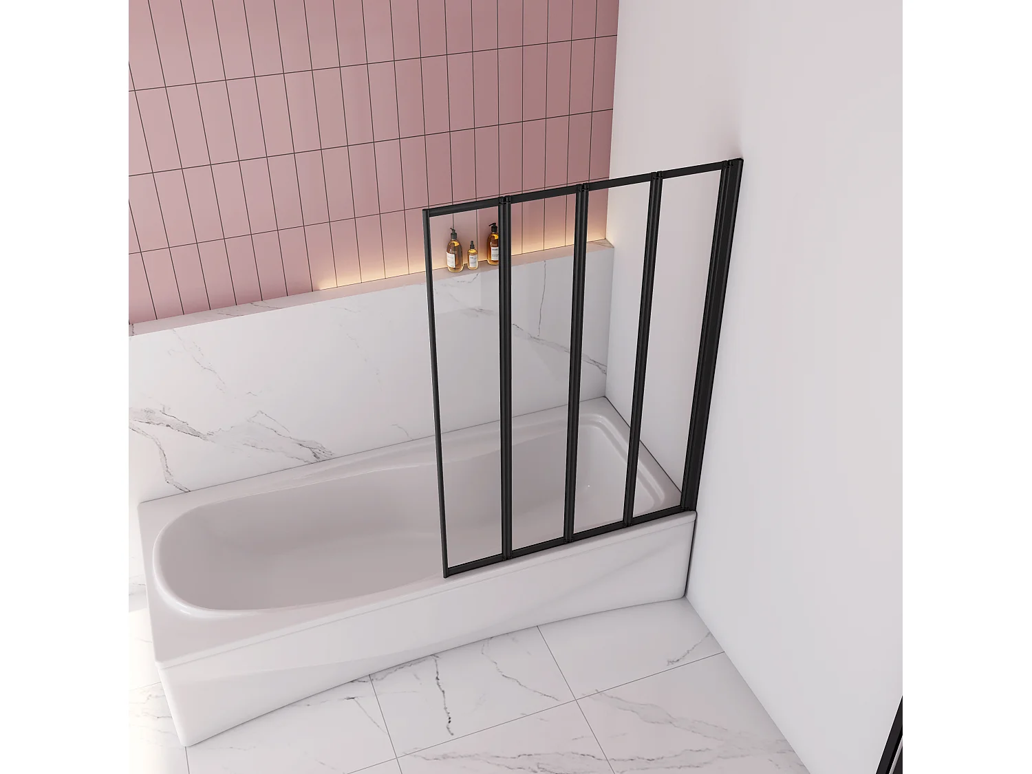 90x140cm Badwand 4-delig vouwbaar,4mm helder ESG-veiligheidsglas - mat zwart profiel