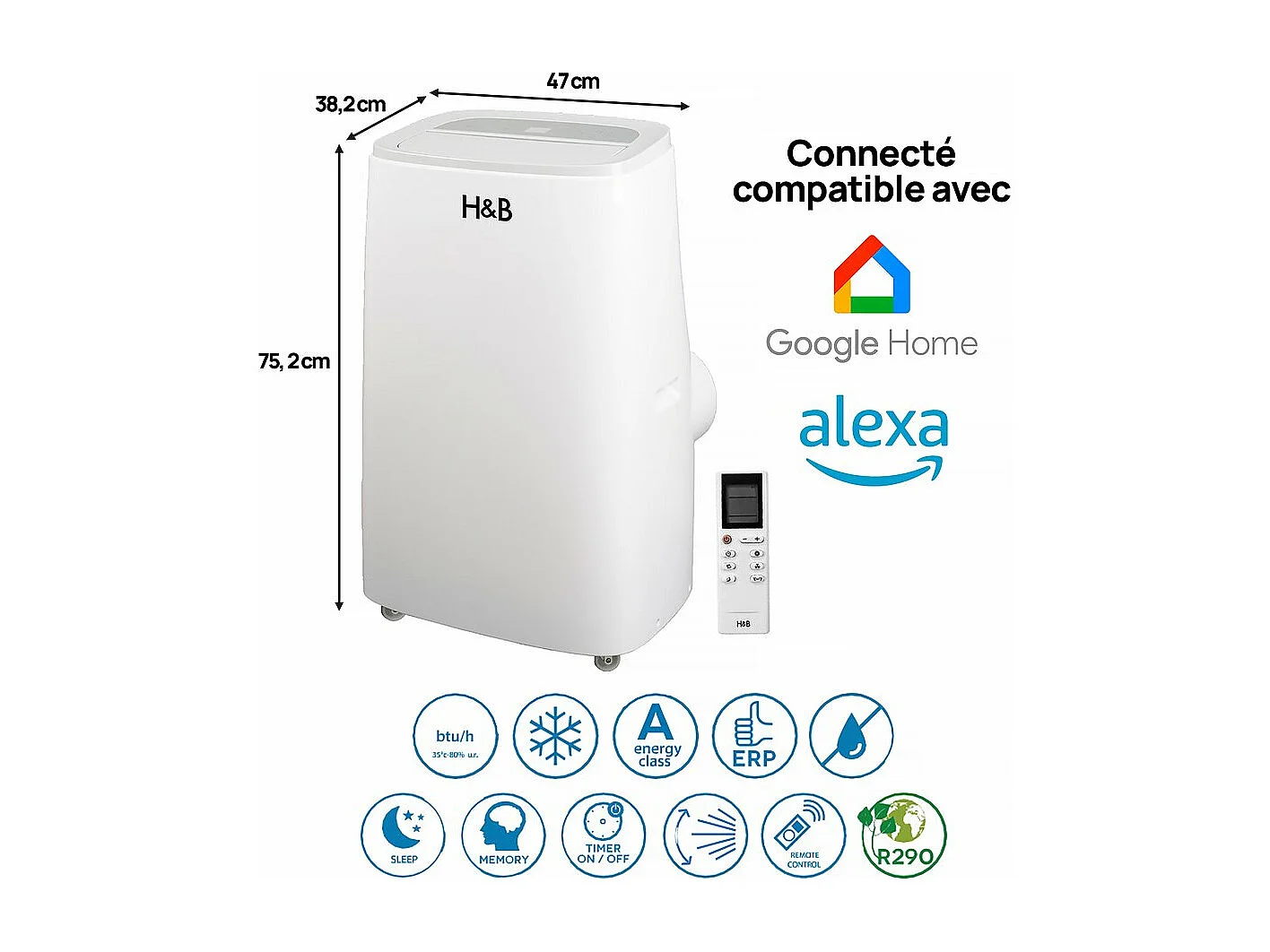 Climatiseur mobile wifi déshumidificateur 15000 BTU - 4500w - Avec filtre antibactérien