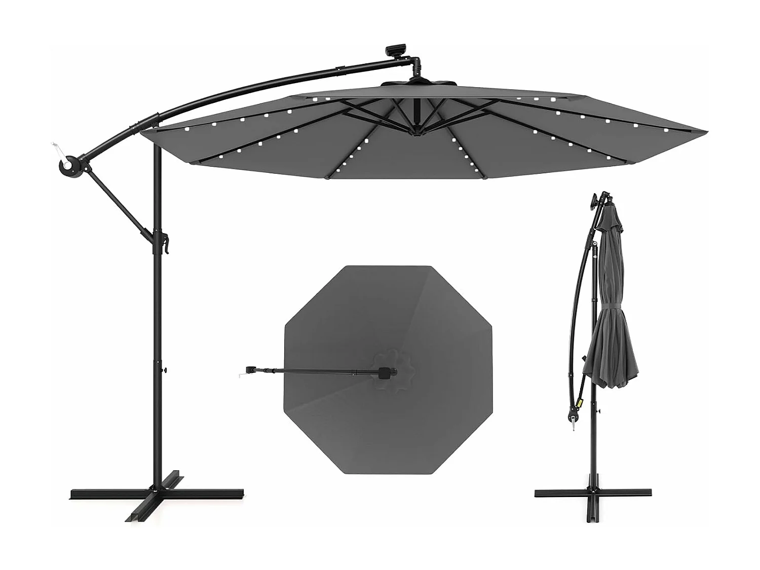 Parasol Déporté Excentré 3M Hexagonale, avec 40 LED Solaire, Inclinable, 8 Baleines en Métal, Base Croisée, Parasol à Manivelle pour Jardin, Terrasse, Piscine