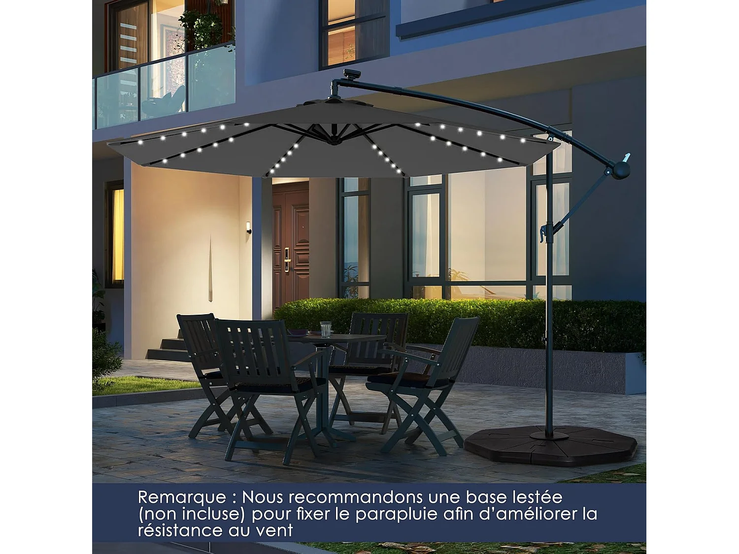 Parasol Déporté Excentré 3M Hexagonale, avec 40 LED Solaire, Inclinable, 8 Baleines en Métal, Base Croisée, Parasol à Manivelle pour Jardin, Terrasse, Piscine