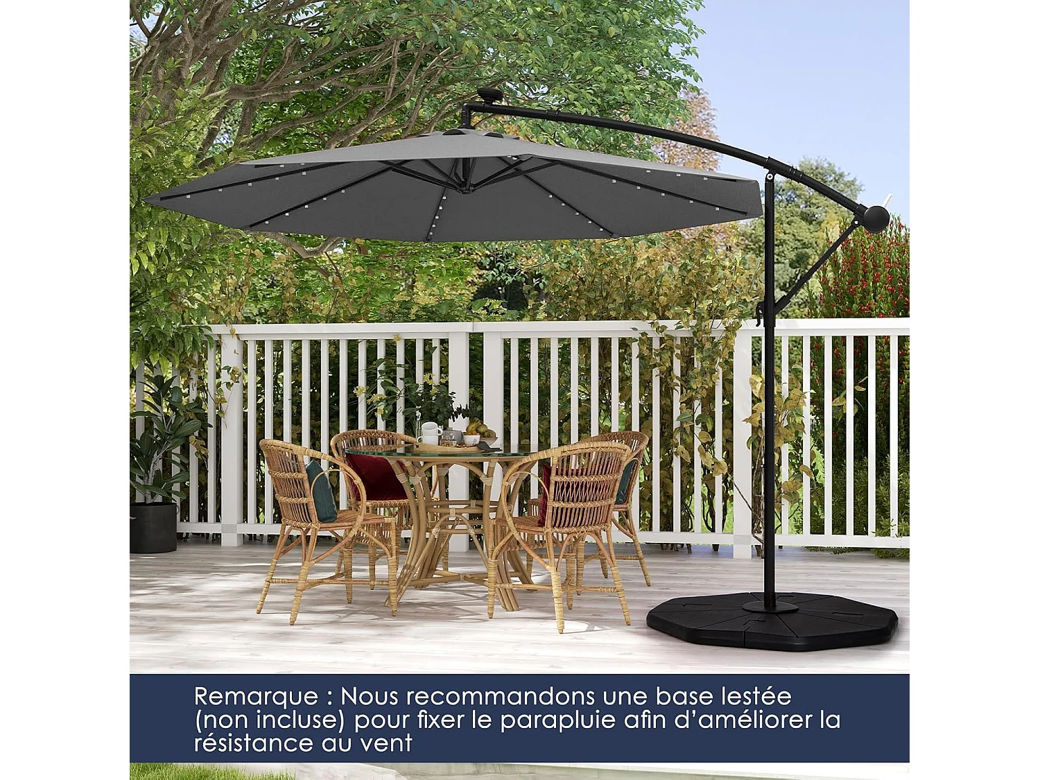 Parasol Déporté Excentré 3M Hexagonale, avec 40 LED Solaire, Inclinable, 8 Baleines en Métal, Base Croisée, Parasol à Manivelle pour Jardin, Terrasse, Piscine