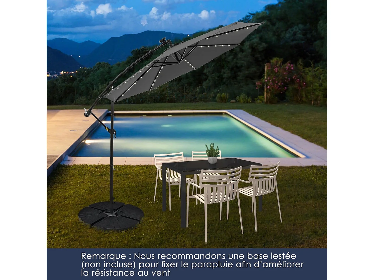 Parasol Déporté Excentré 3M Hexagonale, avec 40 LED Solaire, Inclinable, 8 Baleines en Métal, Base Croisée, Parasol à Manivelle pour Jardin, Terrasse, Piscine
