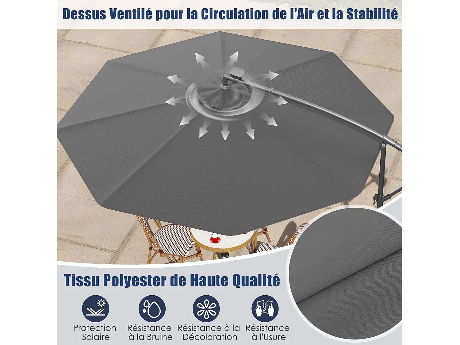 Parasol Déporté Excentré 3M Hexagonale, avec 40 LED Solaire, Inclinable, 8 Baleines en Métal, Base Croisée, Parasol à Manivelle pour Jardin, Terrasse, Piscine