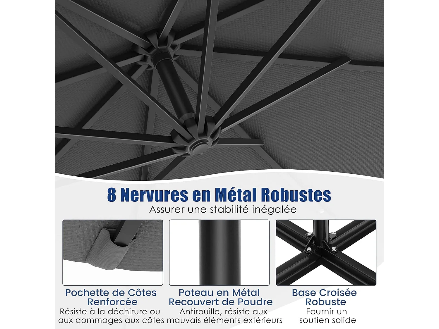 Parasol Déporté Excentré 3M Hexagonale, avec 40 LED Solaire, Inclinable, 8 Baleines en Métal, Base Croisée, Parasol à Manivelle pour Jardin, Terrasse, Piscine