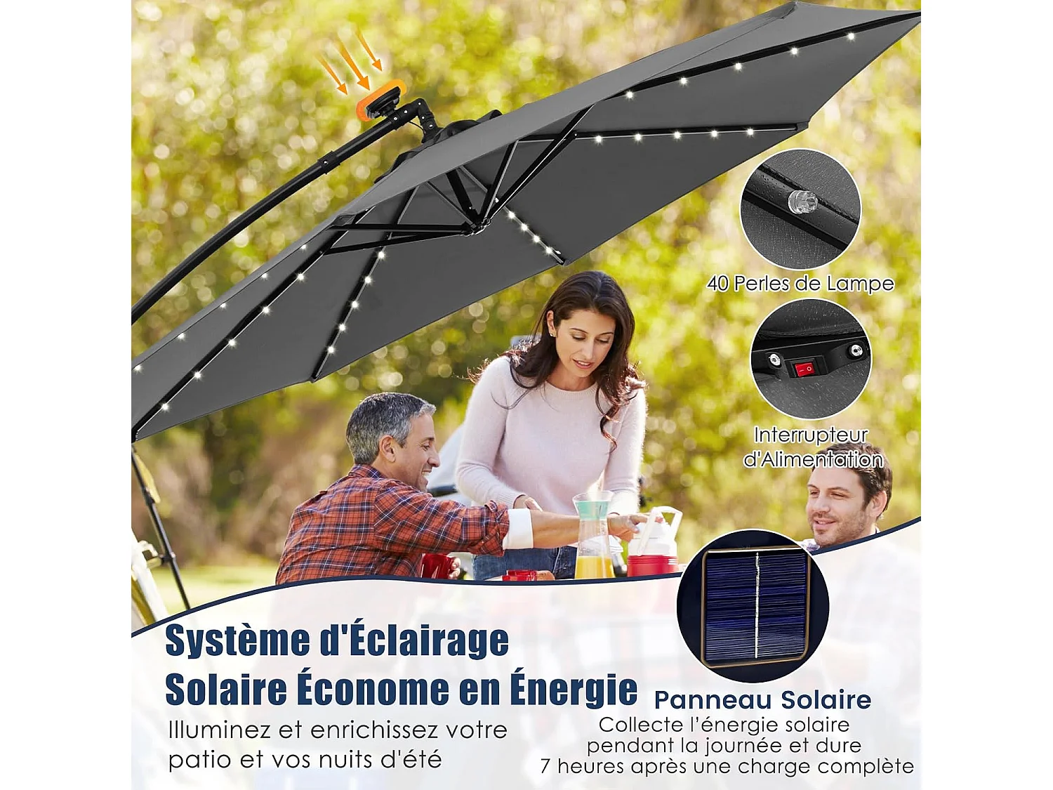 Parasol Déporté Excentré 3M Hexagonale, avec 40 LED Solaire, Inclinable, 8 Baleines en Métal, Base Croisée, Parasol à Manivelle pour Jardin, Terrasse, Piscine