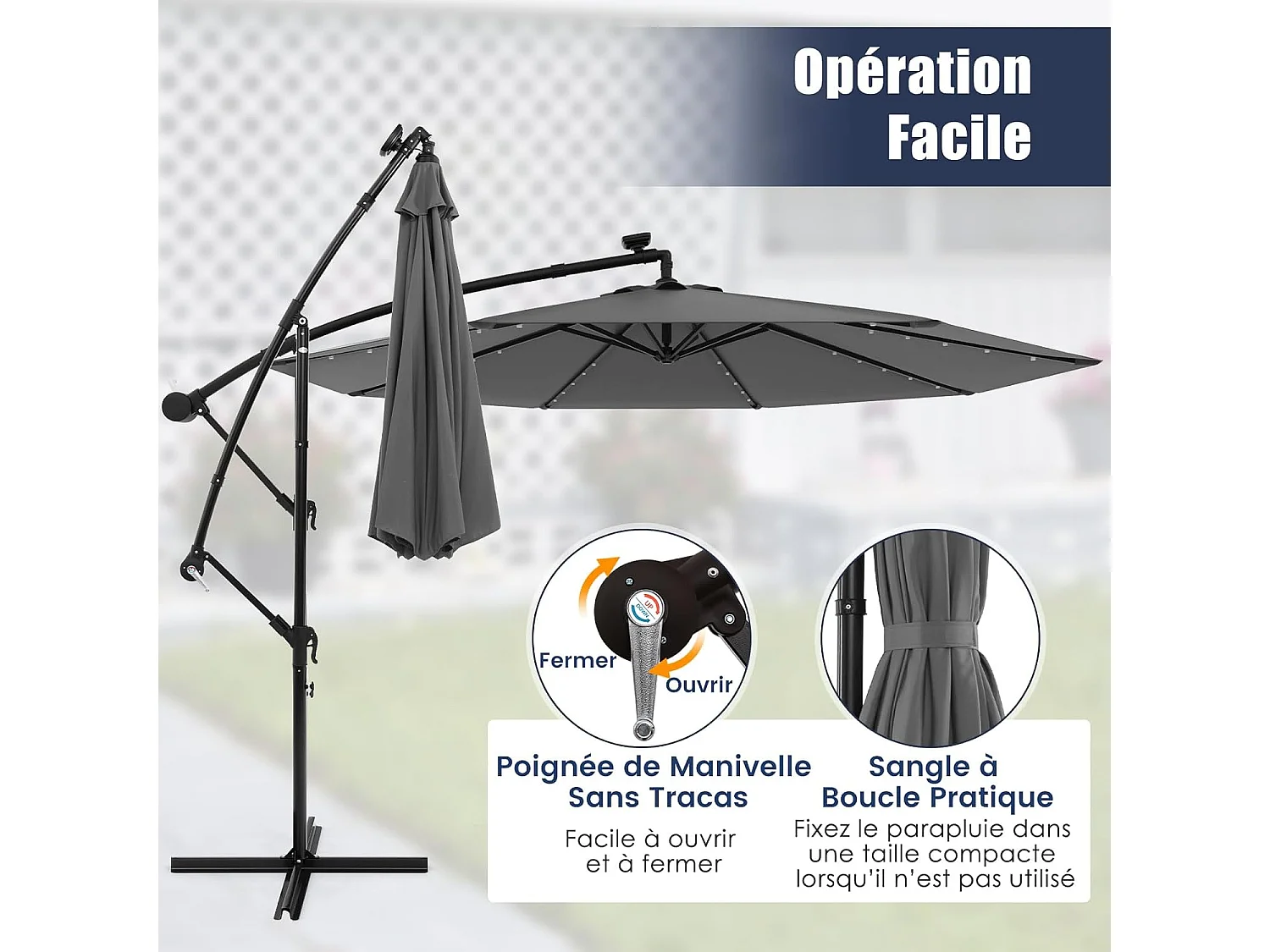 Parasol Déporté Excentré 3M Hexagonale, avec 40 LED Solaire, Inclinable, 8 Baleines en Métal, Base Croisée, Parasol à Manivelle pour Jardin, Terrasse, Piscine
