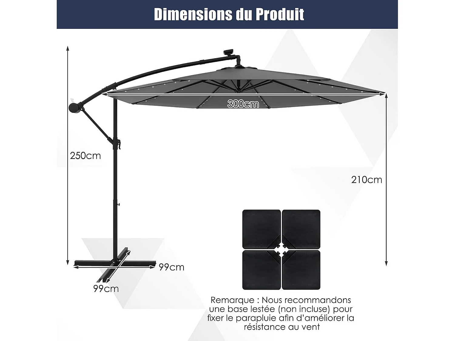 Parasol Déporté Excentré 3M Hexagonale, avec 40 LED Solaire, Inclinable, 8 Baleines en Métal, Base Croisée, Parasol à Manivelle pour Jardin, Terrasse, Piscine