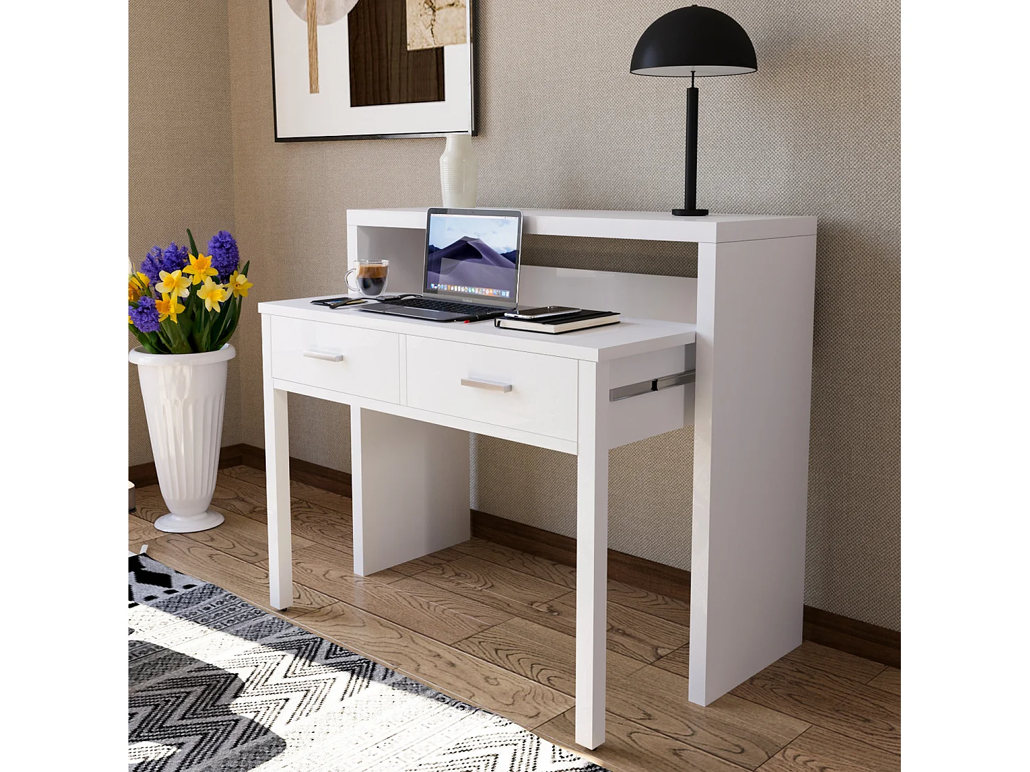 Scrivania Allungabile Con 2 Cassetti Scrittoio Ufficio Cameretta Salvaspazio Scrivania Estensibile Design Arredo Casa Guide Metalliche 98.5 x 36 x 87.5 cm Bianco