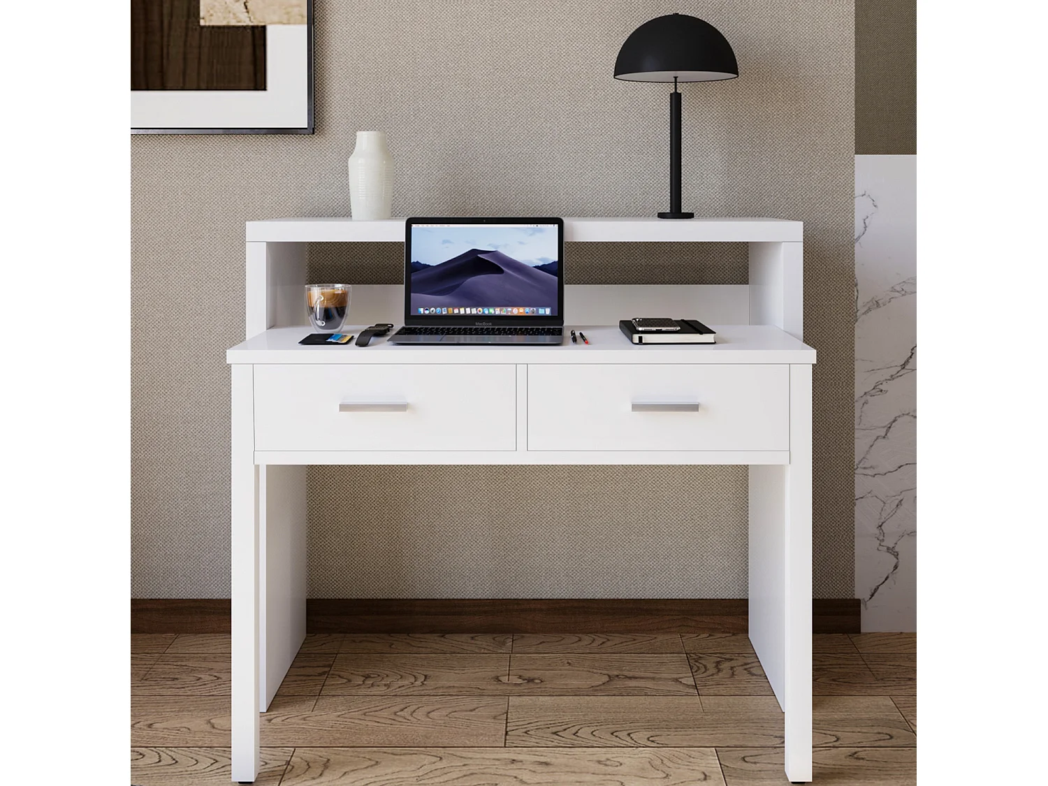 Scrivania Allungabile Con 2 Cassetti Scrittoio Ufficio Cameretta Salvaspazio Scrivania Estensibile Design Arredo Casa Guide Metalliche 98.5 x 36 x 87.5 cm Bianco