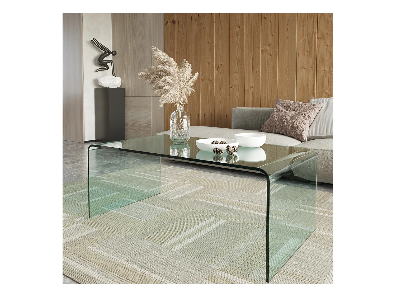 Tavolino Basso da Salotto Rettangolare in Vetro e Curvato (110 x 43 x 60 cm)- Luxury Z-01 - Design curvo e Moderno