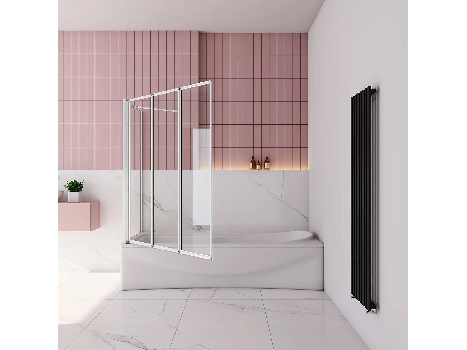 120x75x140cm Badwand 3 panelen vouwbaar met vast zijwand,4mm helder ESG-veiligheidsglas,profiel van mat grijs