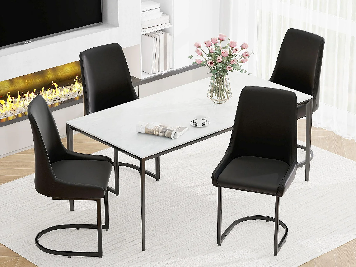 Lot de 4 chaises en cuir PU - pieds en métal - Noir