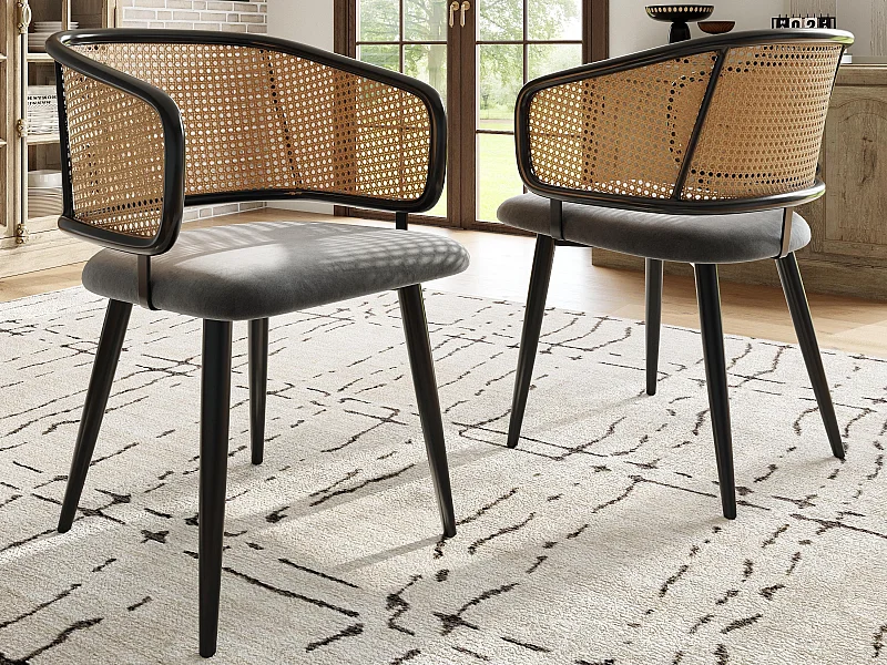 Set van 2 stoelen - Rugleuning van rotan en zitkussen van fluweel - metalen poten - Zwart+Natuur