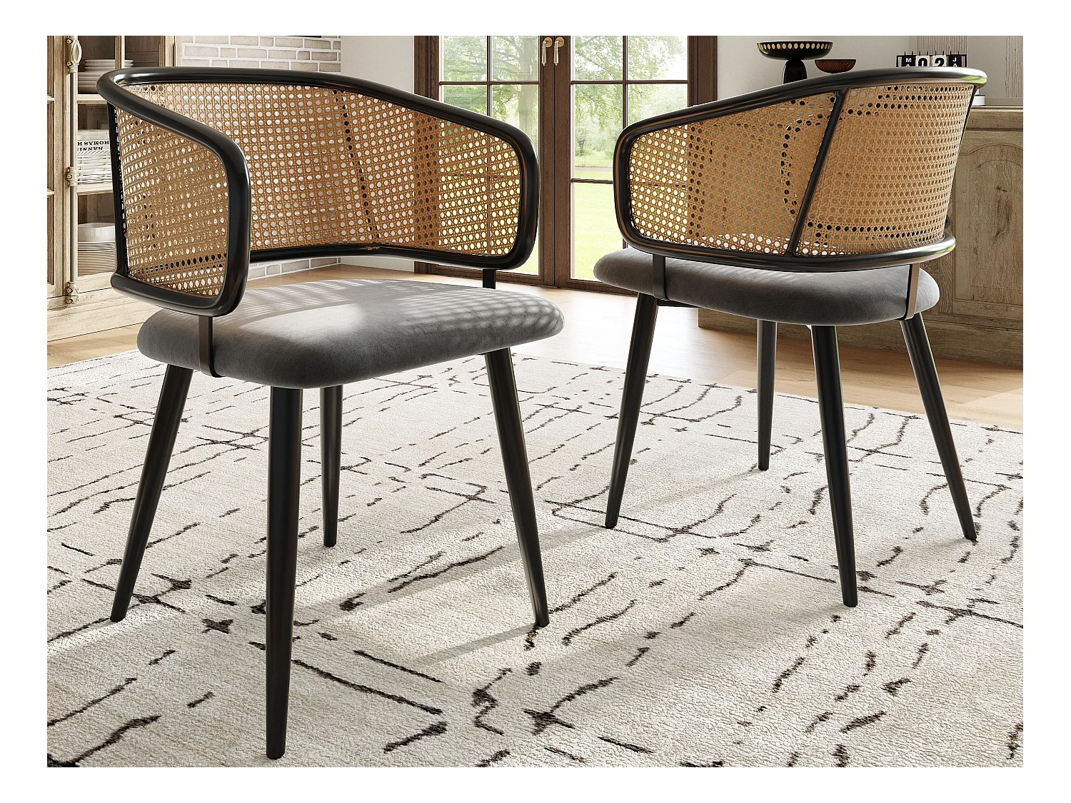 Lot de 2 Chaises - Dossier en rotin et coussin d'assise en velours - pieds en métal - Noir+Naturel