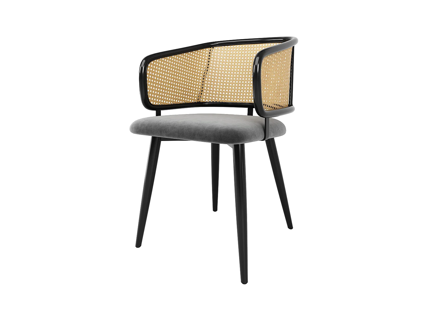 Lot de 2 Chaises - Dossier en rotin et coussin d'assise en velours - pieds en métal - Noir+Naturel