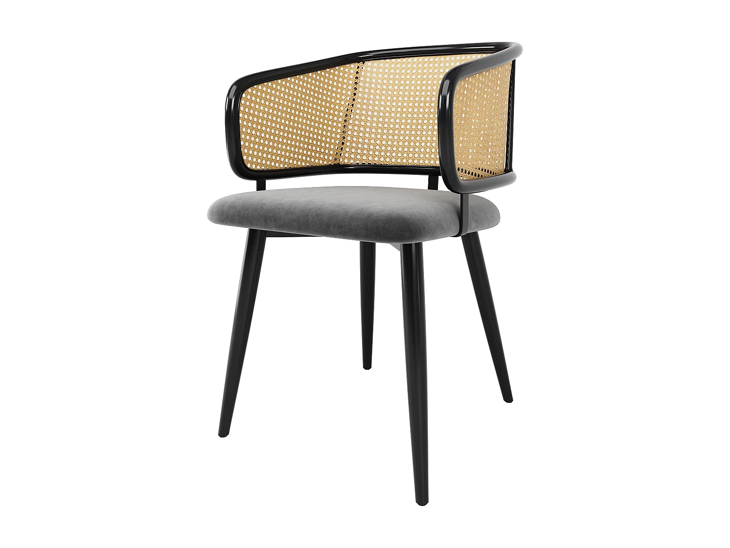 Lot de 2 Chaises - Dossier en rotin et coussin d'assise en velours - pieds en métal - Noir+Naturel