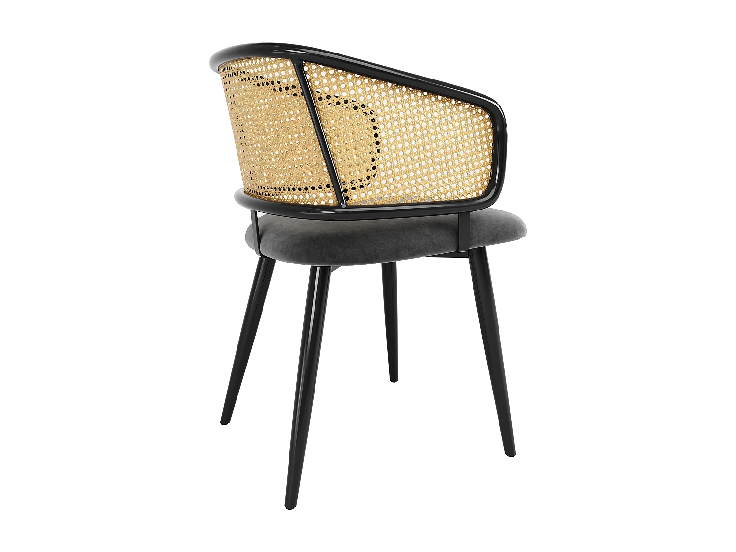 Lot de 2 Chaises - Dossier en rotin et coussin d'assise en velours - pieds en métal - Noir+Naturel